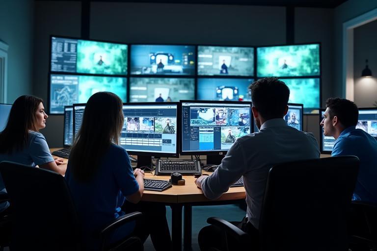 Control room with producers coordinating live feeds